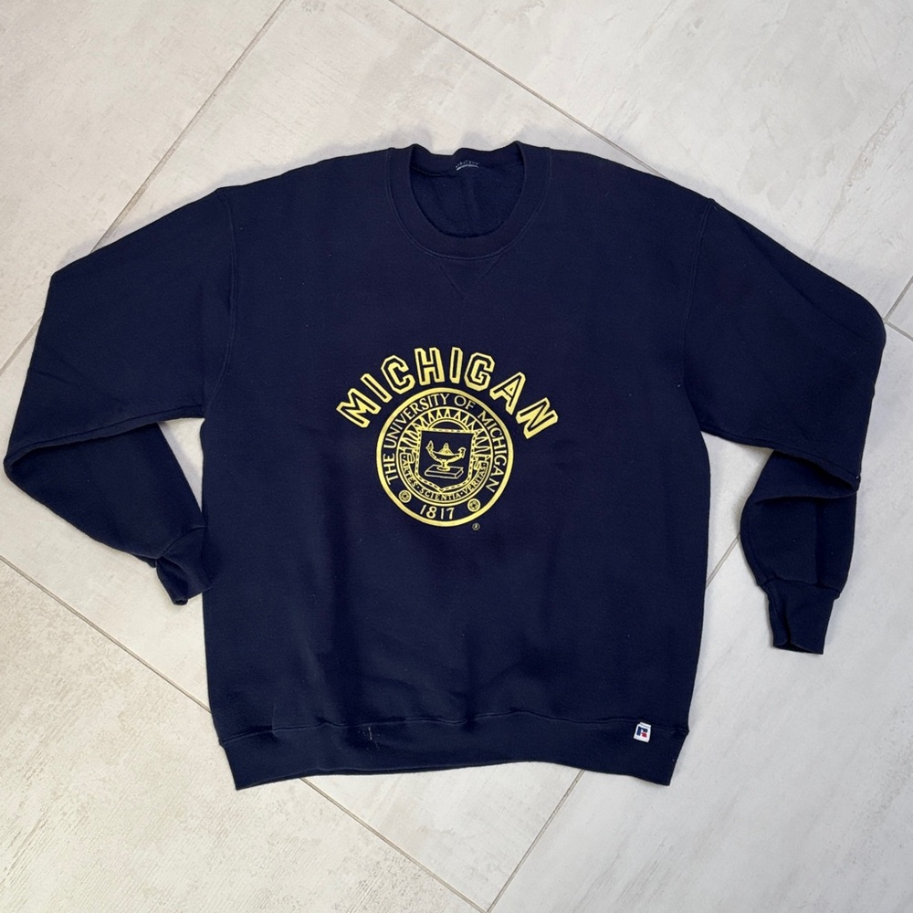 1980s Russell Athletic Navy Crewneck Sweatshirt with Yellow Michigan Seal “1817”